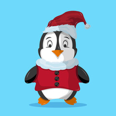 penguin with santa claus suit and red christmas hat