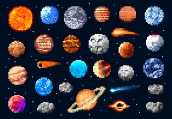 Pixel space planets and stars, asteroids and comets. Universe galaxy satellite and meteorite retro 8bit game icons. Vector retro astronomy objects in space, pixel art fantasy and solar system planets © Vector Tradition