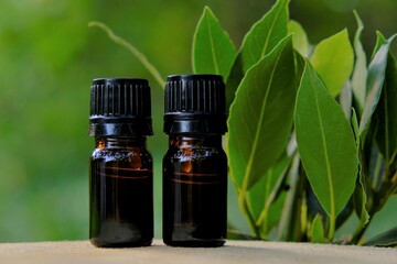 laurel oil.Bay leaf oil.Essential oil bottles set. Laurel essential oil.Glass brown bottles set and laurel leaves on a green blurred background