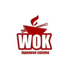 Wok icon. Chinese and japanese cuisine wok with steam. Asian cuisine restaurant, cafe of fast food bistro vector label, emblem or icon with oriental wok pan or cooking pot, bamboo chopsticks and vapor