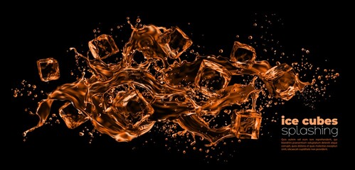 Realistic ice cubes and whiskey wave splashes, vector flow background. Frozen ice cubes whirl splash for premium alcohol drinks, whiskey or bourbon and cognac and rum pouring with drops ripples
