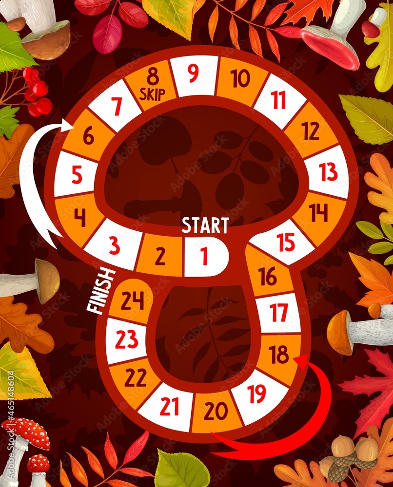 Poster thanksgiving kids board game, mushroom shape vector map with autumn leaves and acorns background. ch