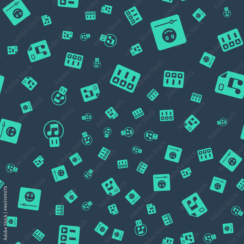 Aufkleber set music playlist, player, pause button and mp3 file document on seamless pattern. vector