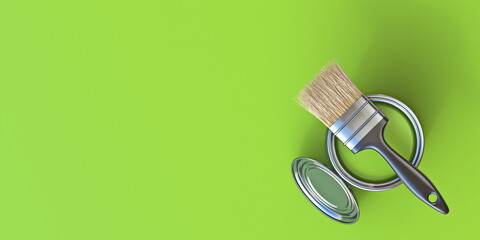 Paintbrush on top of paint bucket with green paint 3D