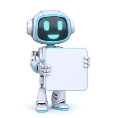 Cute blue robot holding blank square board 3D