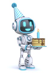 Cute blue robot hold birthday cake 3D