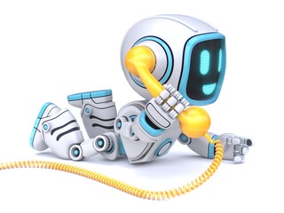 Cute blue robot hold yellow telephone headset 3D