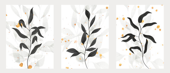 Luxury background with dark leaves on white and gold splashes. Botanical art set for home decor, print, packaging design
