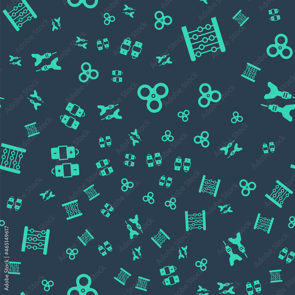 Poster set fidget spinner, abacus, battery and dart arrow on seamless pattern. vector