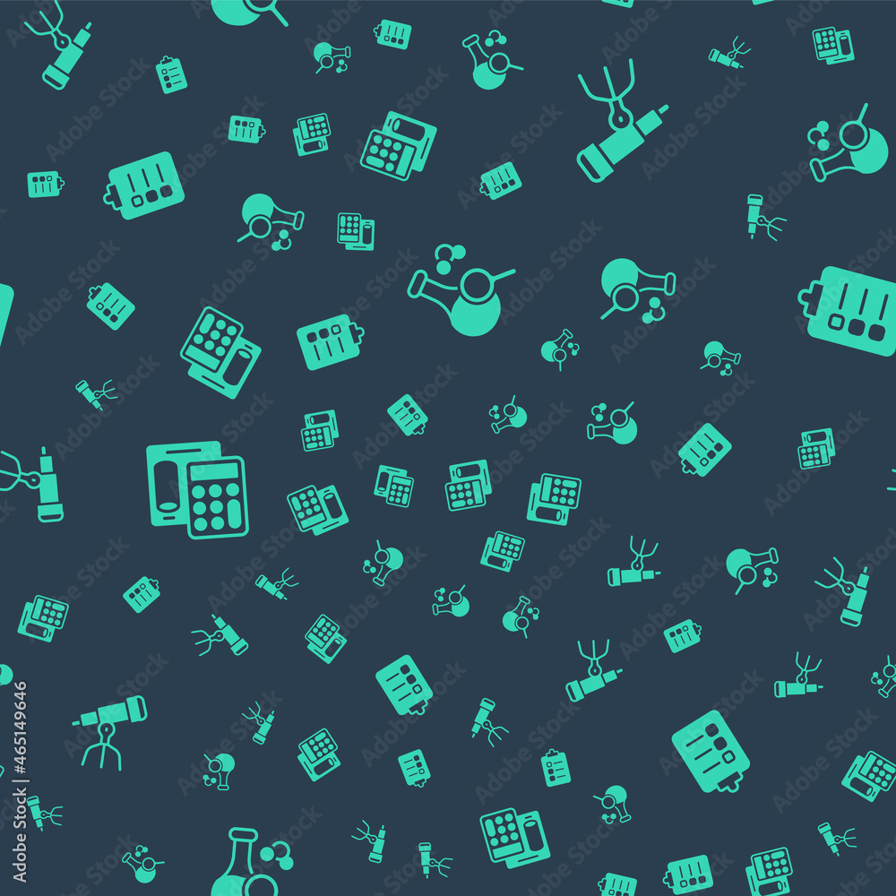 Poster set test tube, telescope, calculator and to do list planning on seamless pattern. vector