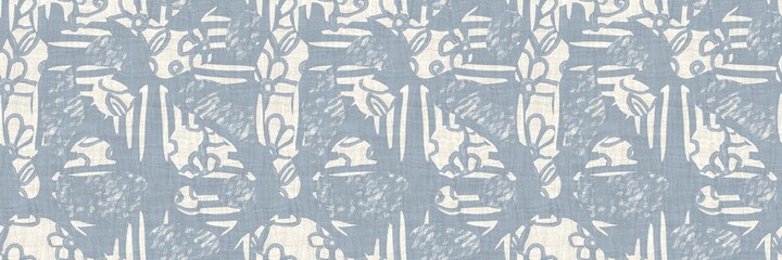 Seamless two tone hand drawn brushed effect pattern border swatch. High quality illustration. Collage of minimal drawings arranged in a seamless pattern with fabric texture overlay. Rough scribble.
