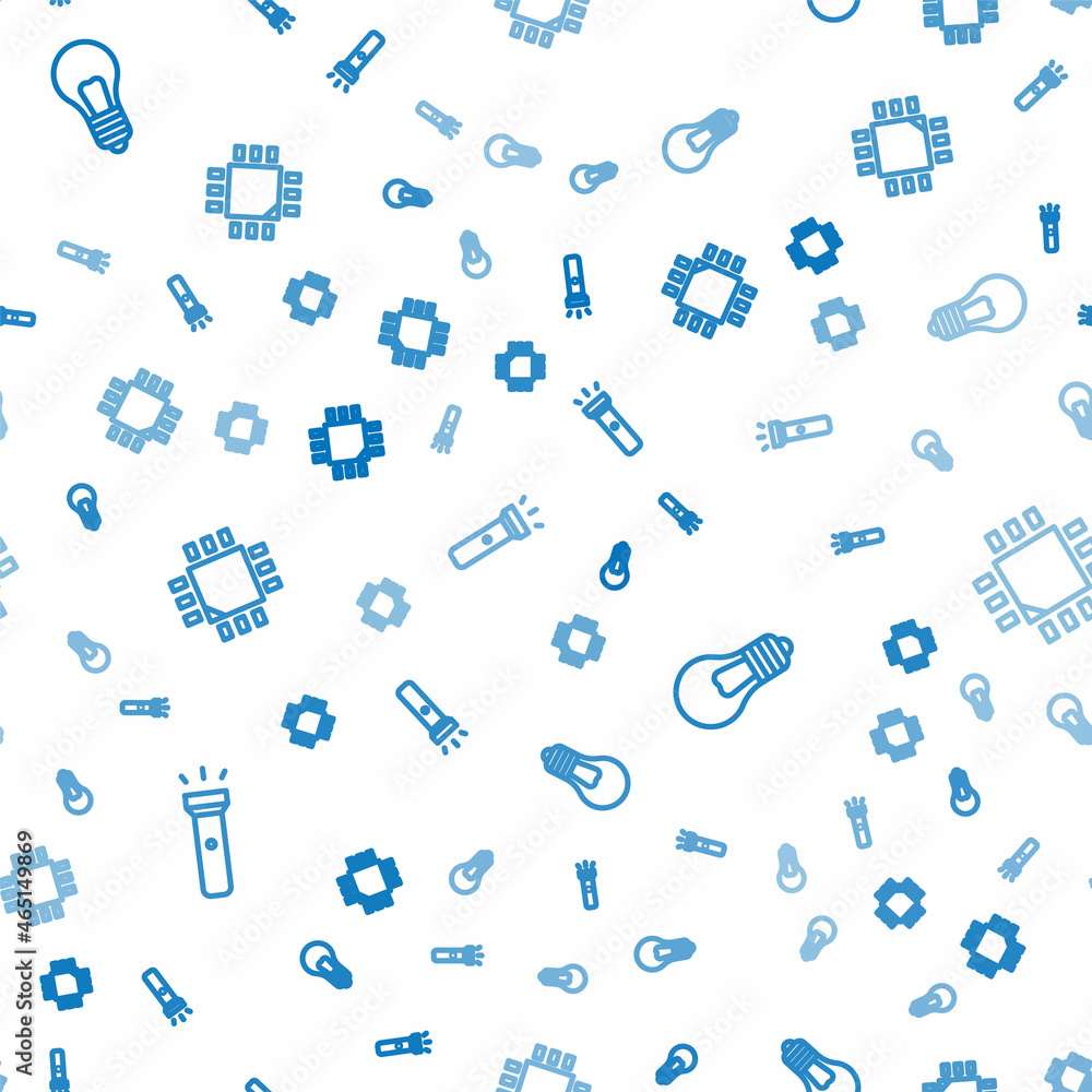 Poster set line flashlight, light bulb with concept of idea and processor microcircuits cpu on seamless pat