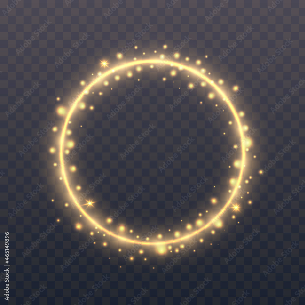 Poster glowing circle on transparent background. gold ring with shining glitter. round frame with particles