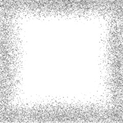 Glitter frame on white backdrop. Luxury silver border. Greeting card template with confetti particles. Invitation design with falling silver dust. Vector illustration