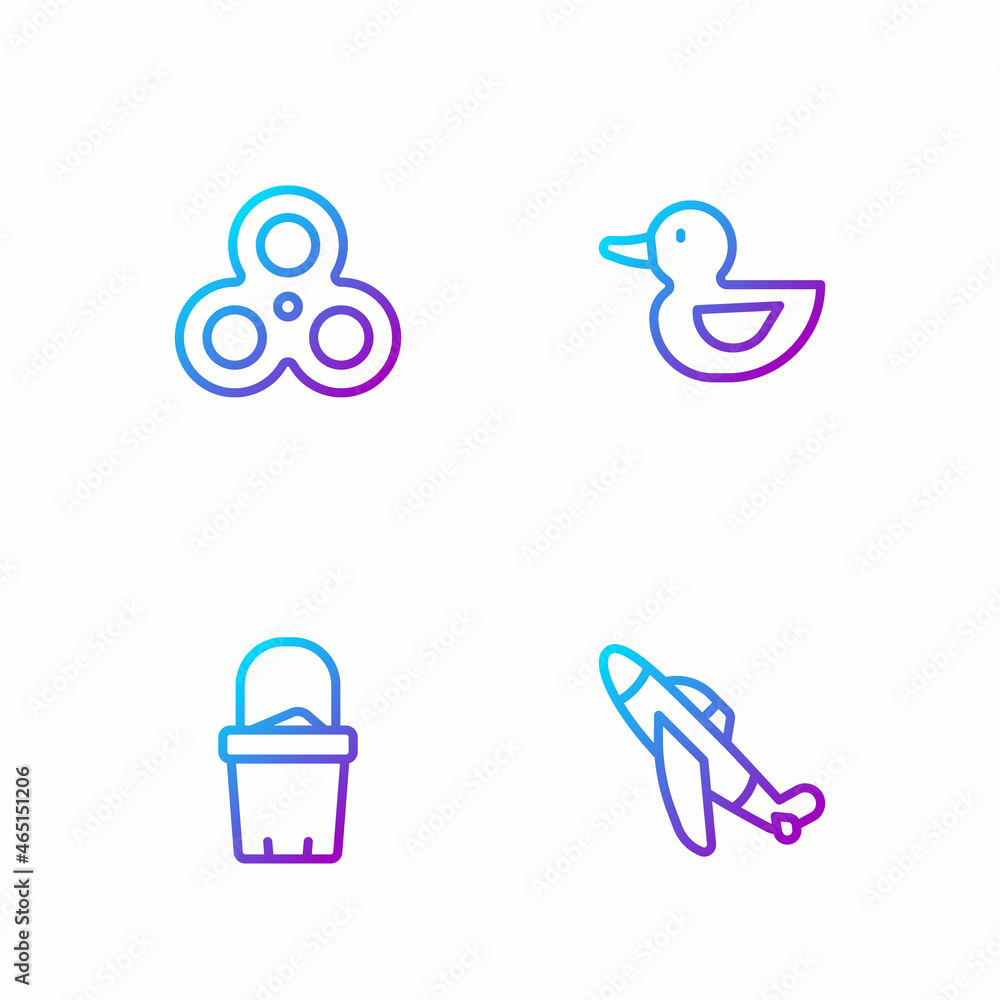 Poster set line toy plane, sand in bucket, fidget spinner and rubber duck. gradient color icons. vector