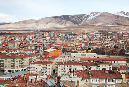 Nigde city panorama from Nigde Castle in Central Anatolia, Turkey. Niğde is a city and the capital of Niğde Province in the Central Anatolia region of Turkey at an elevation of 1,299 mt.