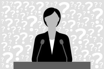 Political person or businesswoman at podium and many question marks