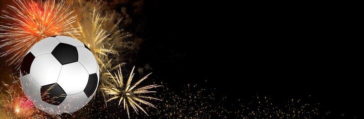 Soccer ball with fireworks on a black background. Ideal for New Year, victories and celebrations