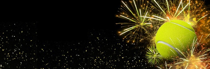 Tennis ball with fireworks on a black background. Ideal for New Year, victories and celebrations
