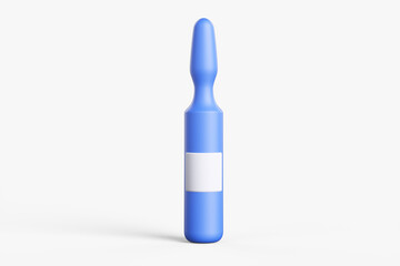 Close-up of a blue cartoon ampoule with a white label on a white background. 3d rendering illustration