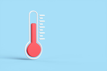 Cartoon red thermometer isolated on blue background. The concept of weather and increased temperature from a pandemic. 3d render illustration. - obrazy, fototapety, plakaty