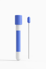 Coronavirus COVID-19 pcr test isolated on white background. Blue ampoule with a swab stick in the nose. 3d rendering illustration.