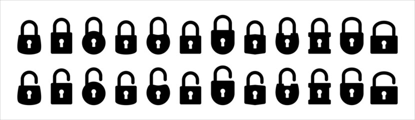 Lock icon set. Locked and unlocked vector icon set. Locked and unlocked padlock symbol of device security. Privacy symbol vector stock illustration.