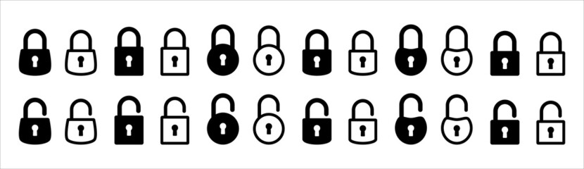 Lock icon set. Locked and unlocked vector icon set. Locked and unlocked padlock symbol of device security. Privacy symbol vector stock illustration. Flat outline design style.