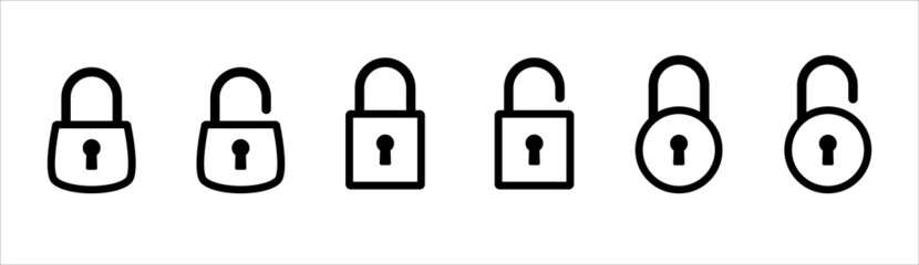 Lock icon set. Locked and unlocked vector icon set. Locked and unlocked padlock symbol of device security. Privacy symbol vector stock illustration. Round and square shape padlock. Outline style.
