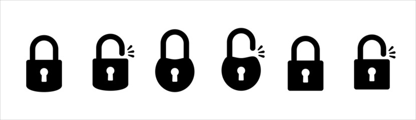 Lock icon set. Locked and unlocked vector icon set. Locked and unlocked padlock symbol of device security. Privacy symbol vector stock illustration. Round and square shape padlock.
