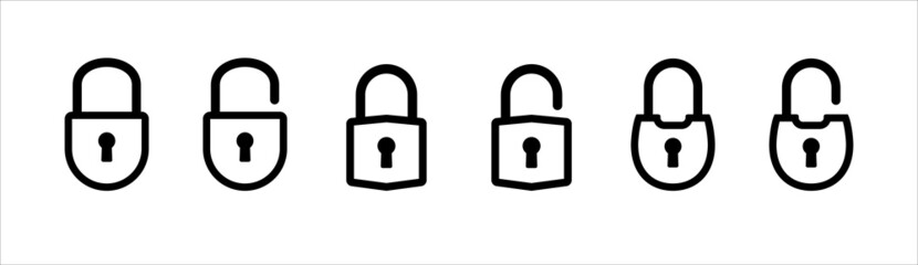 Lock icon set. Locked and unlocked vector icon set. Locked and unlocked padlock symbol of device security. Privacy symbol vector stock illustration. Round and square shape padlock. Outline style.