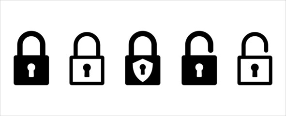 Lock icon set. Locked and unlocked vector icon set. Locked and unlocked padlock symbol of data device security. Privacy symbol vector stock illustration. Unlock button sign.