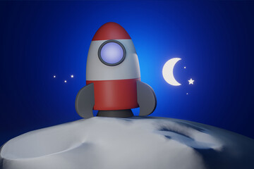 rocket on the moon blue tone , cartoon  concept , 3D rendering