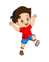 Cartoon happy little boy raising hands