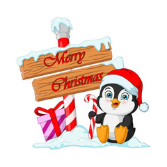 Cute little penguin with wooden signboard and gifts