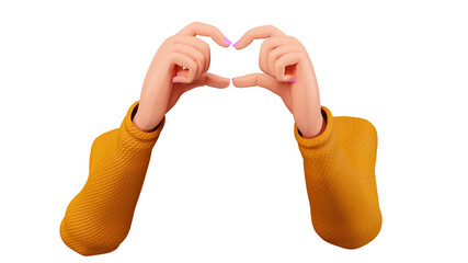 3d cartoon character's hands show a heart gesture isolated on a white background. Cartoon female hands show a heart gesture with fingers, 3d render. The 