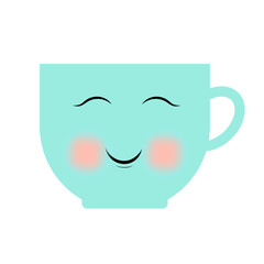 Mug with face. Blue kawaii cup. Cartoon style. Relax time. Cute character. Hot drink. Vector illustration. Stock image.