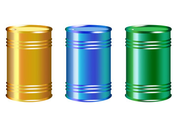 Colored metal barrels icon. Realistic elements. Golden, blue, green. Business concept. Vector illustration. Stock image. 