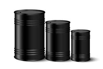 Black metal barrel icon set. From more to less. Business background. Simple flat design. Vector illustration. Stock image.