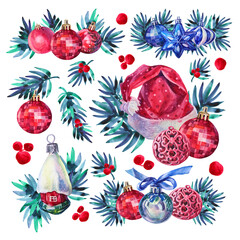 Set watercolor red christmas tree, decoration ball, hat for santa isolated on white background. Hand drawn element clipart for celebration, new year, sticker, wrapping, wallpaper, invite, textile
