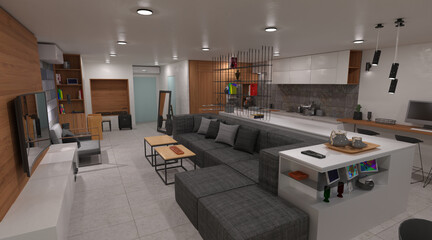 Modern apartment interior 3d illustration - obrazy, fototapety, plakaty