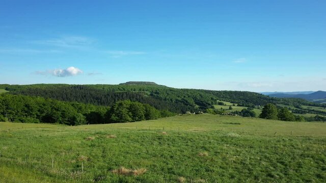Un champ et une for&ecirc;t verdoyantes dans la campagne fran&ccedil;aise en Europe, en France, en Ard&egrave;che, en &eacute;t&eacute;, lors d'une journ&eacute;e ensoleill&eacute;e.