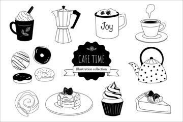 Fototapeta premium set of cakes and sweets. hand drawn cafe time food collection. isolated vector illustration of sweets, coffees, pot, cake, donut, cupcake, tart, and cinnamon roll.