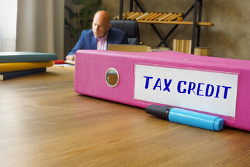 Business concept meaning TAX CREDIT with phrase on the Box File.