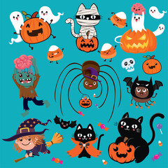 Vintage Halloween poster design with vector vampire, cat, witch, zombie, ghost, mummy, demon, jack o lantern character. 