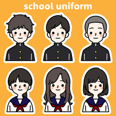 人物イラストセット_学生_白フチ