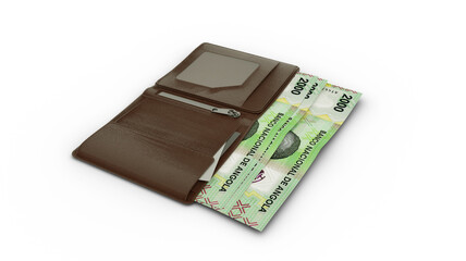 3D rendering of Angolan Kwanza notes in wallet isolated on white background.