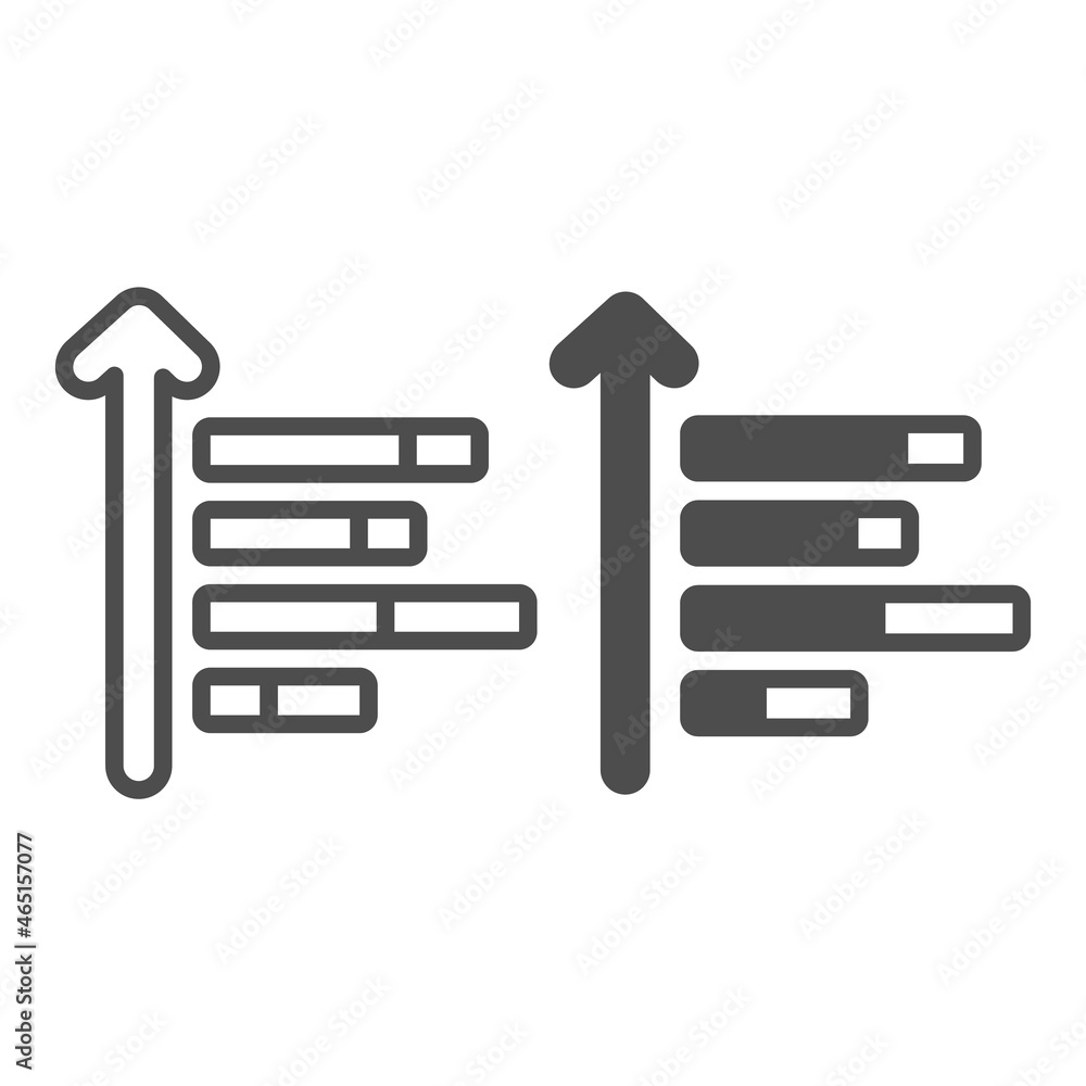 Poster line chart and growth upward arrow line and solid icon, diagram concept, histogram vector sign on wh
