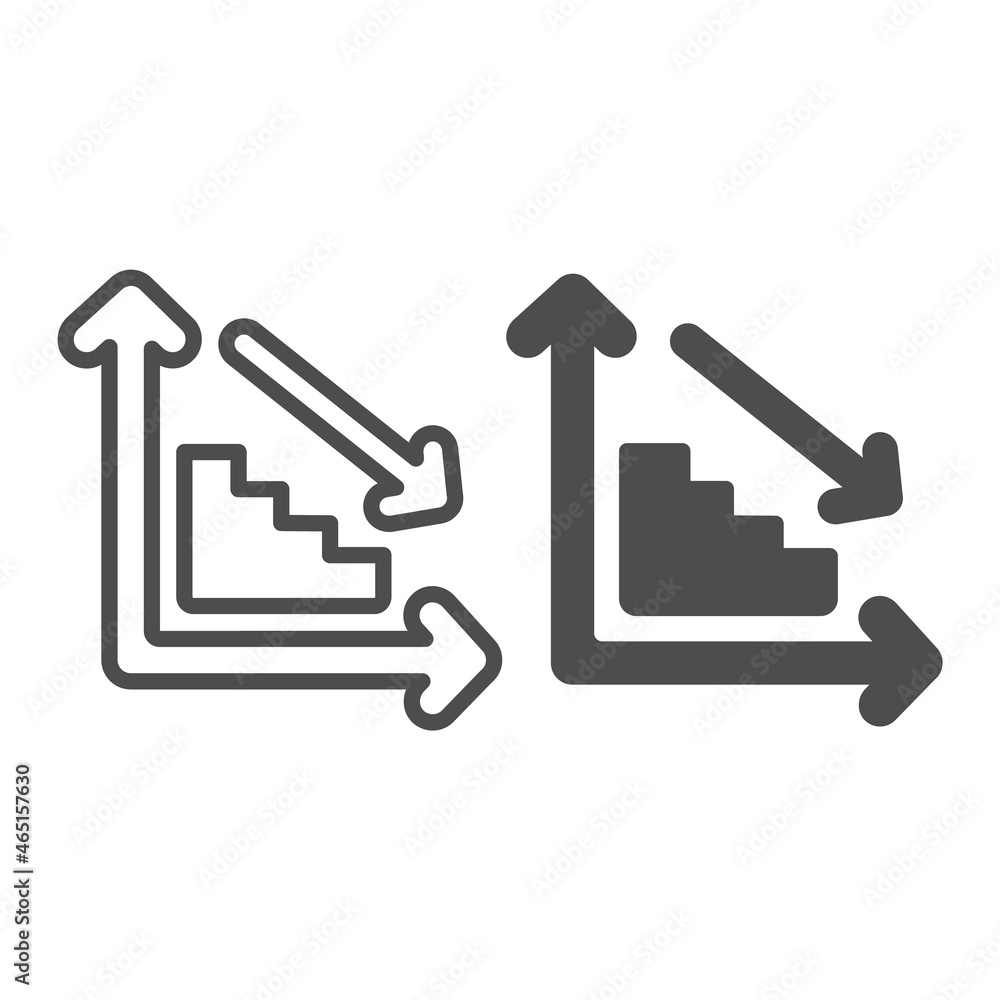 Poster ladder graph with steps going down and arrow line and solid icon, diagram concept, decay chart vecto