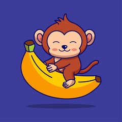 Little Monkey Riding Banana Cartoon Illustration